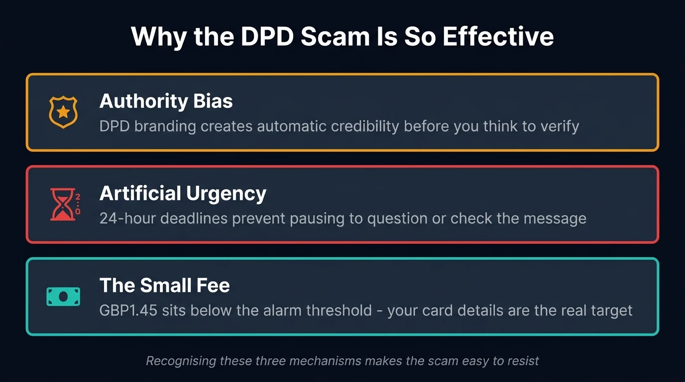 Three-card diagram explaining why the DPD scam works — authority bias, artificial urgency, and the deliberately small fee