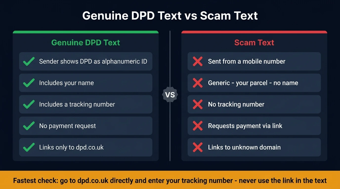 Side-by-side comparison of a genuine DPD text versus a scam text — sender ID, tracking number, payment request, and link destination