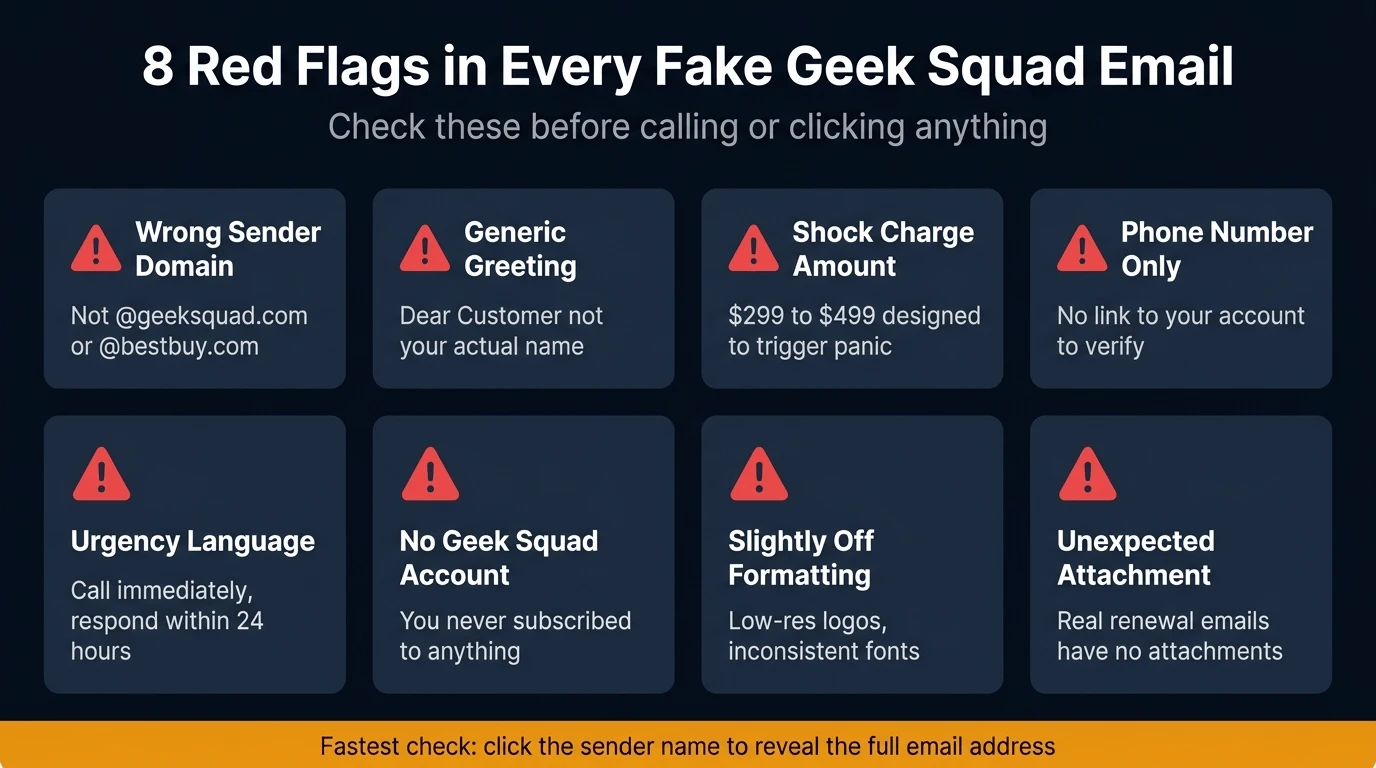 Reference card showing eight red flags that identify every fake Geek Squad scam email