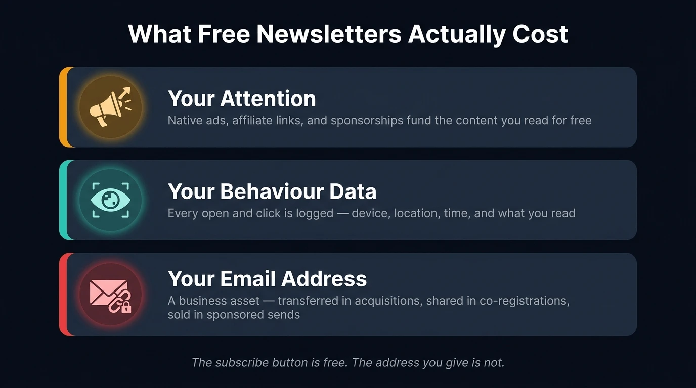 Three-card infographic showing the hidden costs of free newsletters — your attention, your behaviour data, and your email address as a business asset